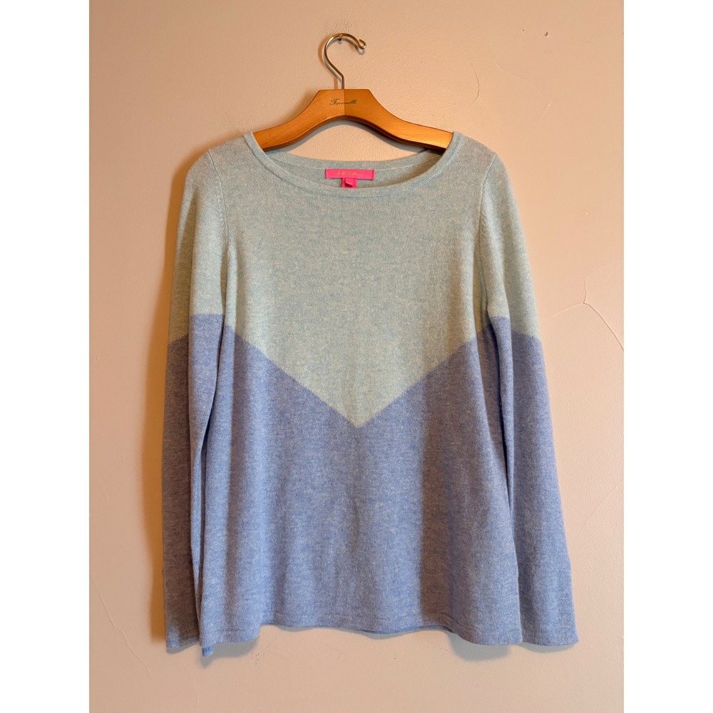 Lilly Pulitzer Women Blue 100% Cashmere Colorblock Chevron Button Cuff Sweater M